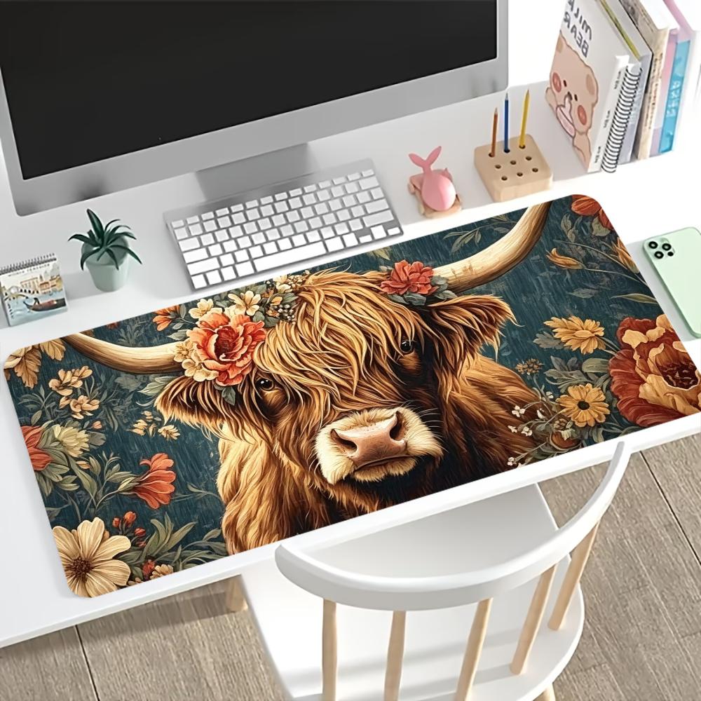 Desk Setup Vintage - Mouse Pad Floral Vintage Highland Cow